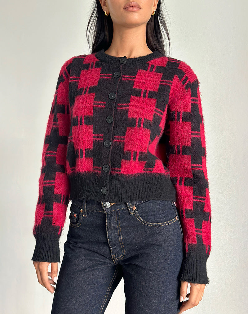 Anzio Strickjacke aus schwarzem und rotem Karostrick
