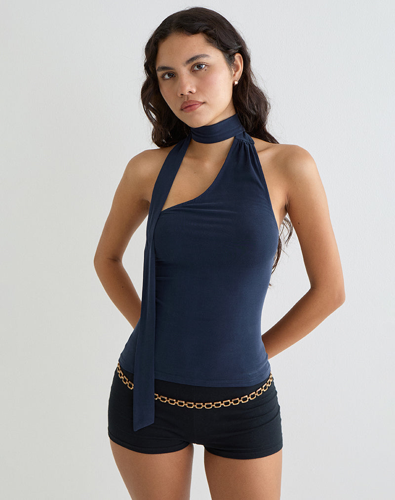 Image of Aspyn Hochgeschlossenes Krawatten-Top aus Cupro Navy