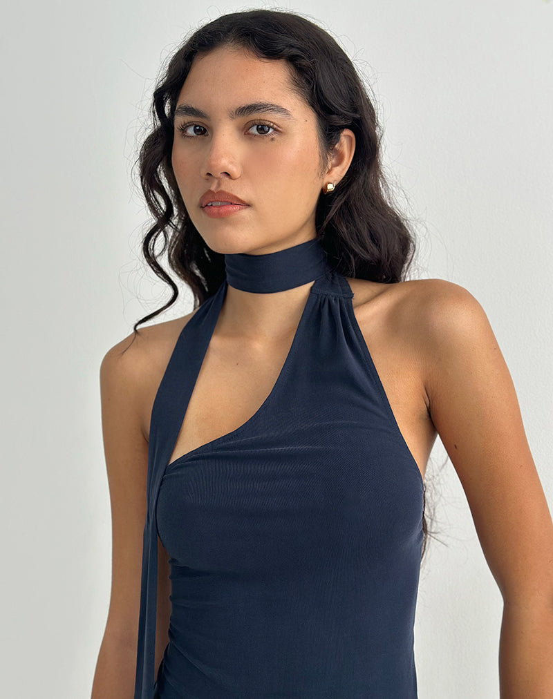 Image of Aspyn Hochgeschlossenes Krawatten-Top aus Cupro Navy