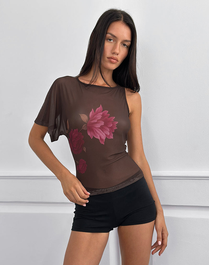 Balsa One Shoulder Top in Braun mit rosa Blumenprint