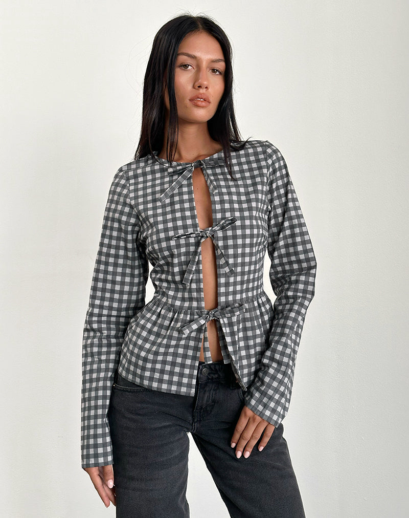 Image of Bertaria Langärmeliges Top aus Tonal Gingham Schwarz und Grau
