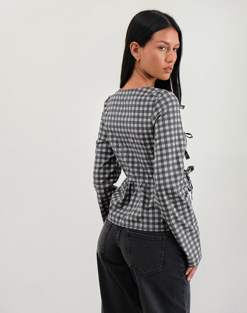 Image of Bertaria Langärmeliges Top aus Tonal Gingham Schwarz und Grau