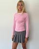 Image of Bonija Langarm-Top in Flamingo-Pink mit weißen Paspeln und M-Stickerei