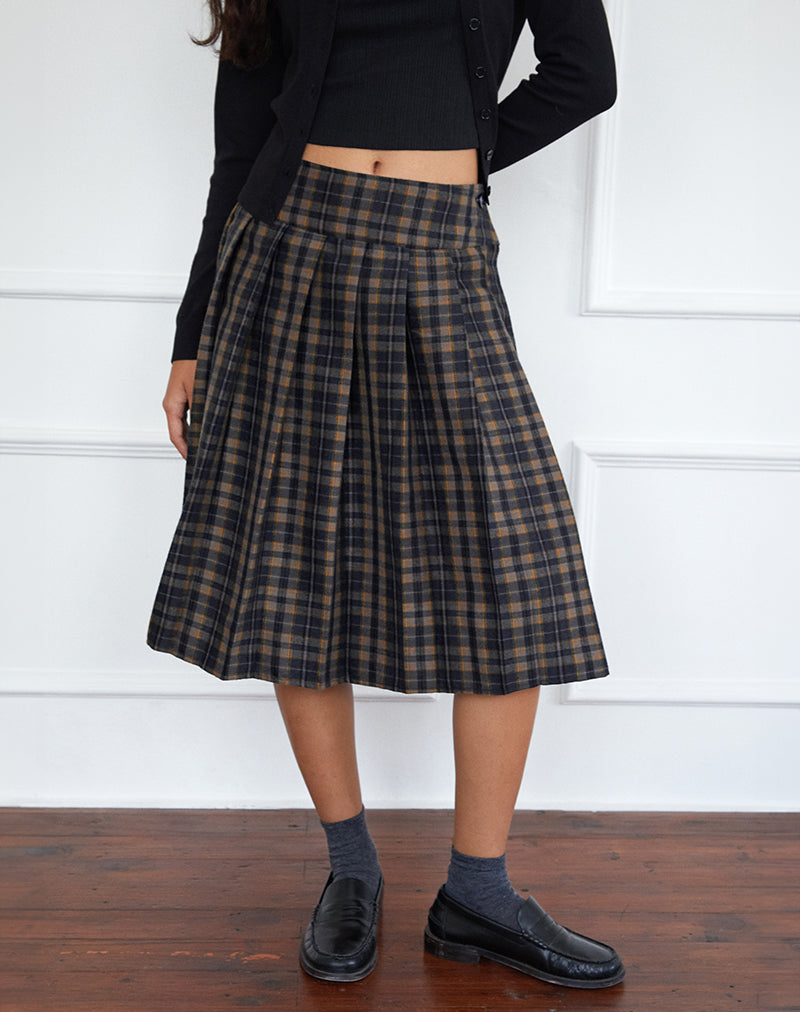 Catelyn Falten-Midirock in Navy-Senf-Karo