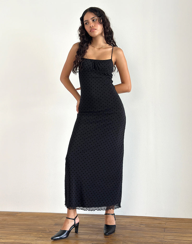 Darsih Maxikleid in Basic Polka Schwarz Flock