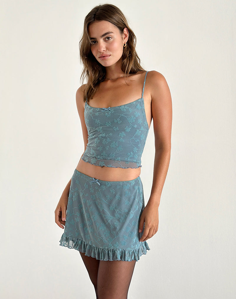 Deri Cami Top in Grunge Floral Blau Grau