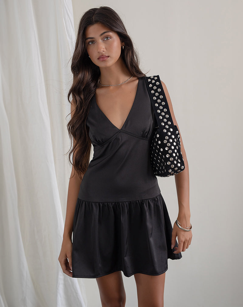 Distia Plunge Puff Mini Dress in Schwarz