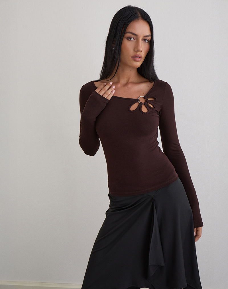 Image of Donela Langarm-Top mit Blumenring in Bitterschokolade