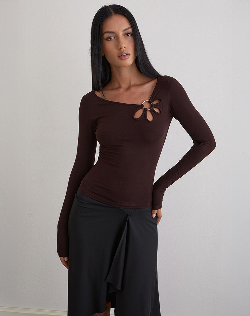Donela Langarm-Top mit Blumenring in Bitterschokolade