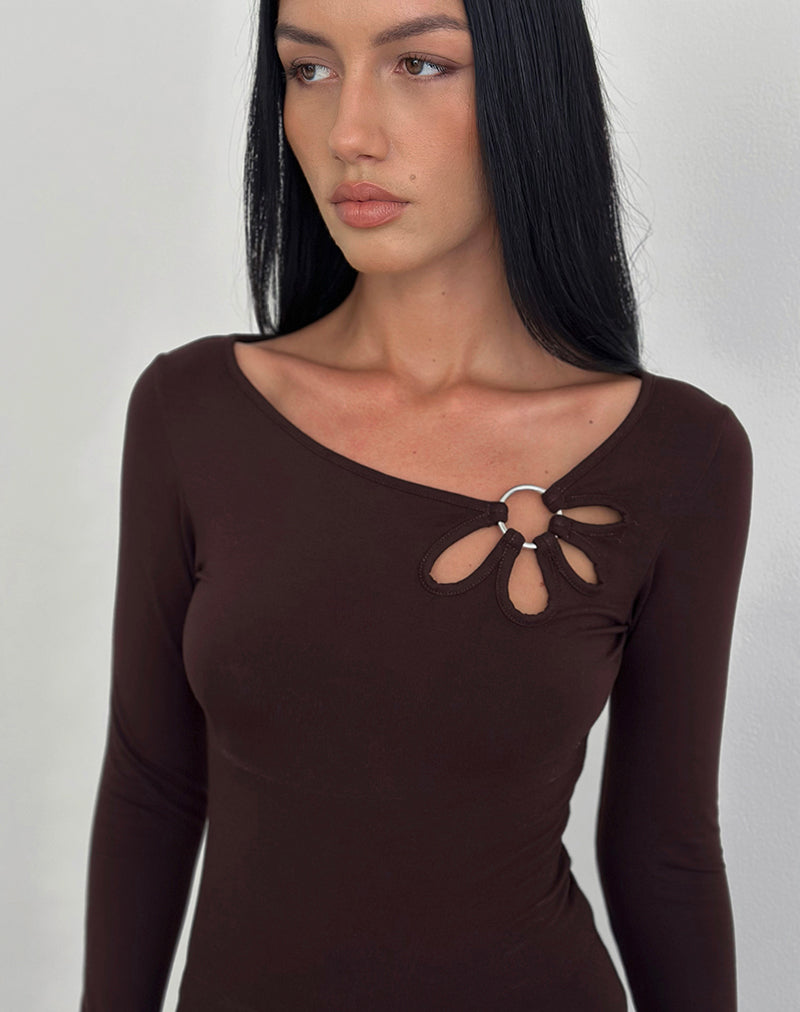 Donela Langarm-Top mit Blumenring in Bitterschokolade
