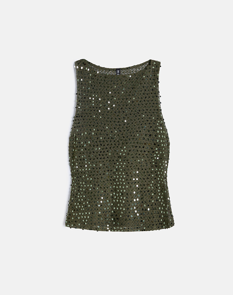 Image of Dudley Vest Top aus Paillettenstrick Olive