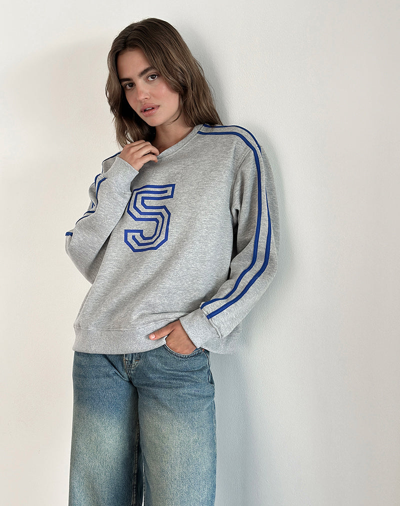 Govel Sweatshirt in Grau meliert mit kobaltblauem 5-Motiv