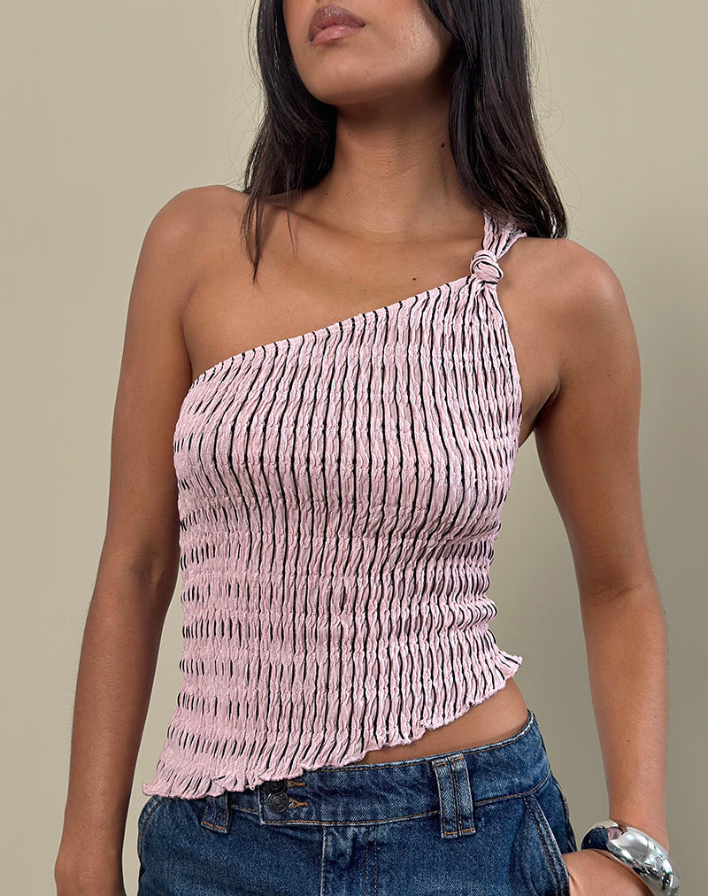 Idari One Shoulder Top aus gestreiftem, strukturiertem Mesh Soft Pink