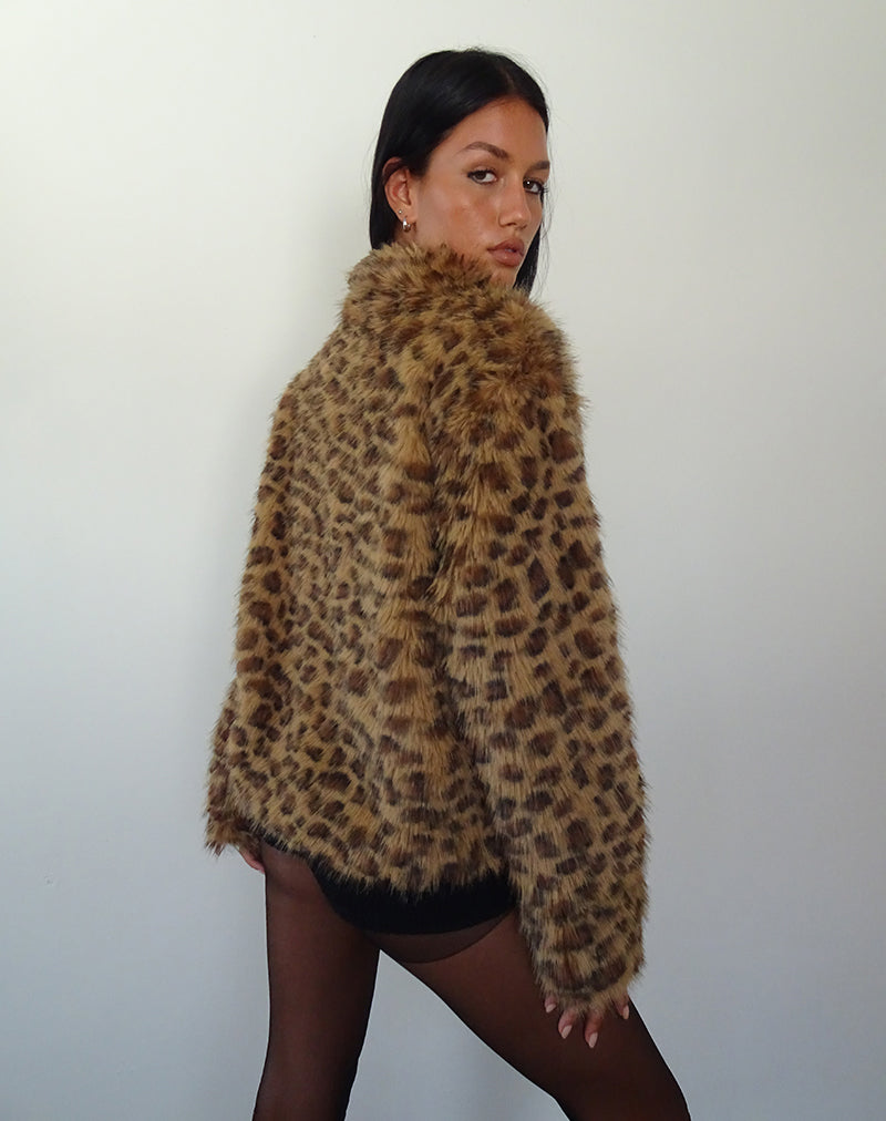 Womens Jacket Short Faux Fur Leopard Print Jacket Faux Fur Coat