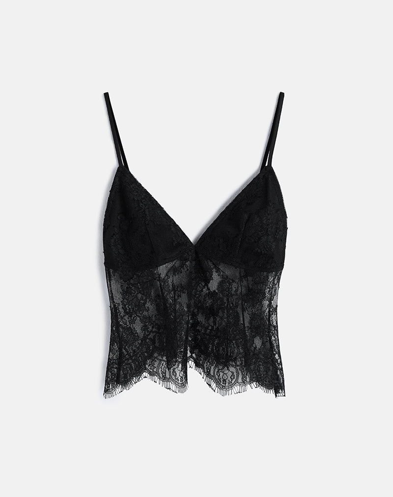 Image of Kaika Plunge Cami Top aus Wimpernspitze Schwarz