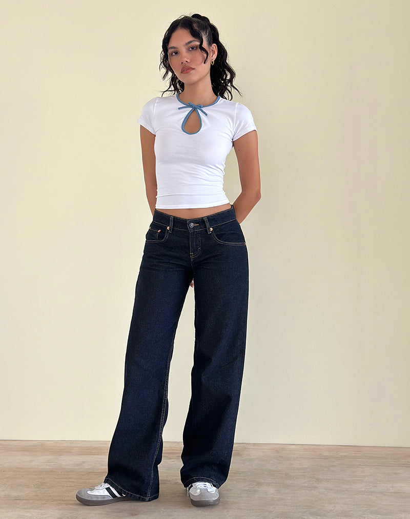Monsel Tie Front Top in Weiß mit verblasstem Denim-Band