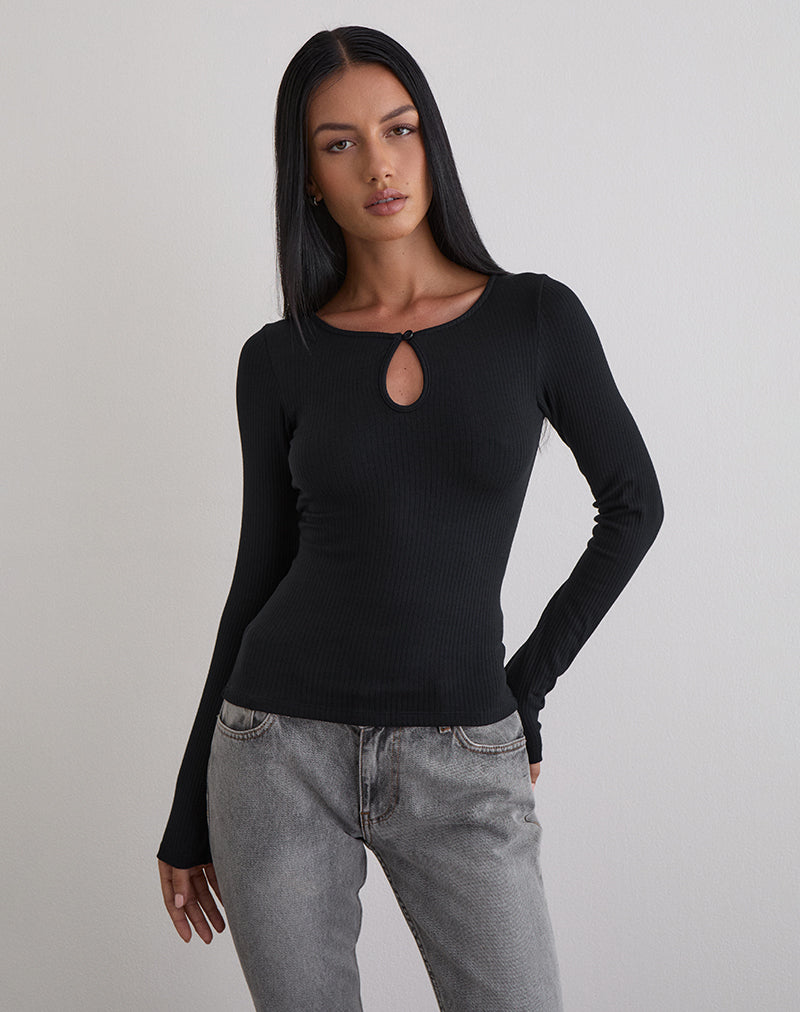 Image of Nique Langärmeliges Top aus dicker Rippe Schwarz