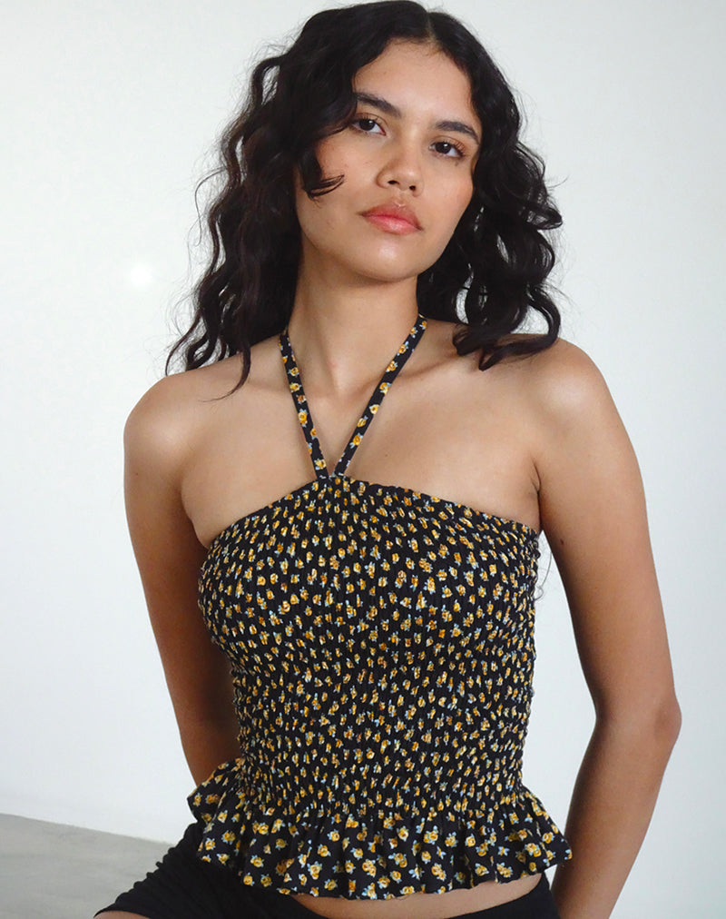 Phobe Gerafftes Neckholder-Top in Ditsy Floral Bronze