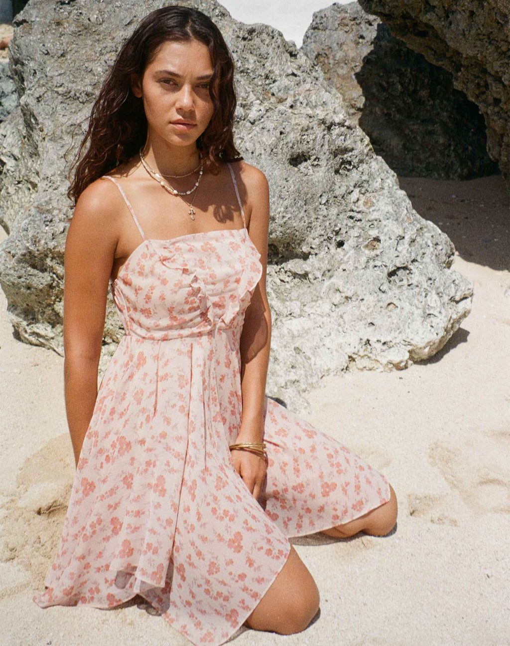 Raftar Rüschen Chiffon Minikleid in Pfirsich Kirschblüte