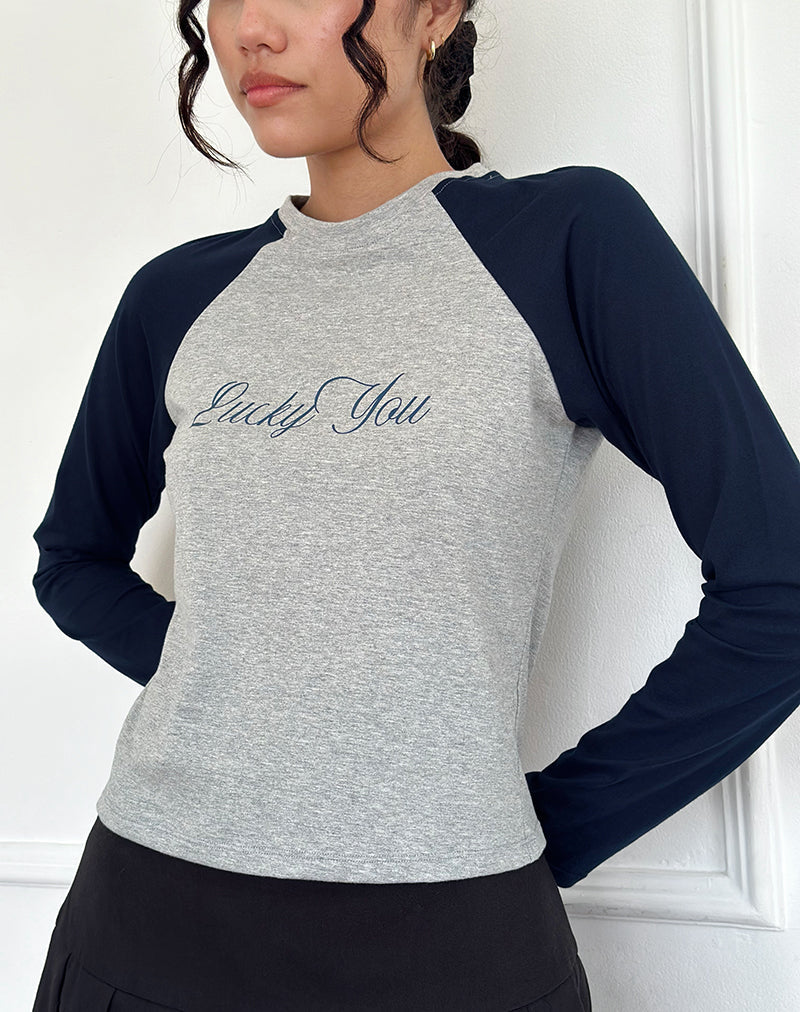 Image of Sabani Top in Grau Marl Navy mit Lucky You Druck