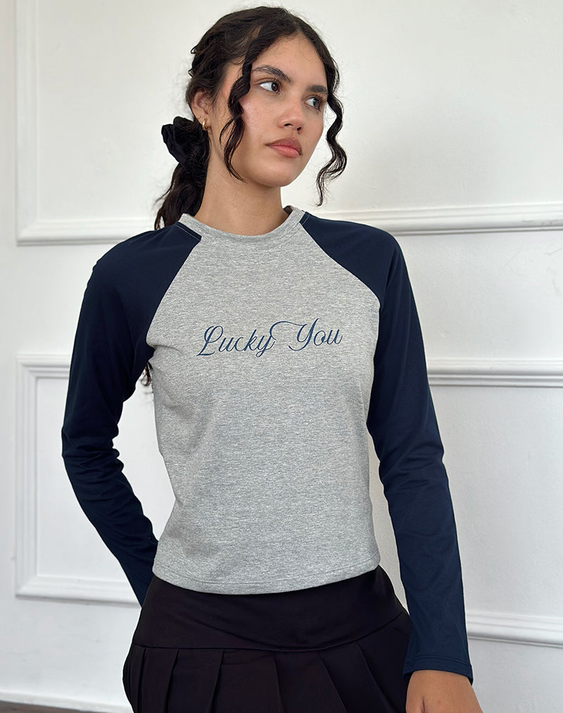 Image of Sabani Top in Grau Marl Navy mit Lucky You Druck
