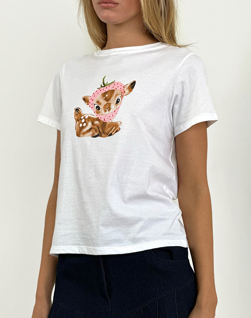 Saki Tee in Weiß mit Baby-Hirsch-Aufdruck