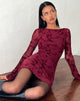 Image of Sevila Langärmeliges Minikleid aus beflockter botanischer Blume Maroon