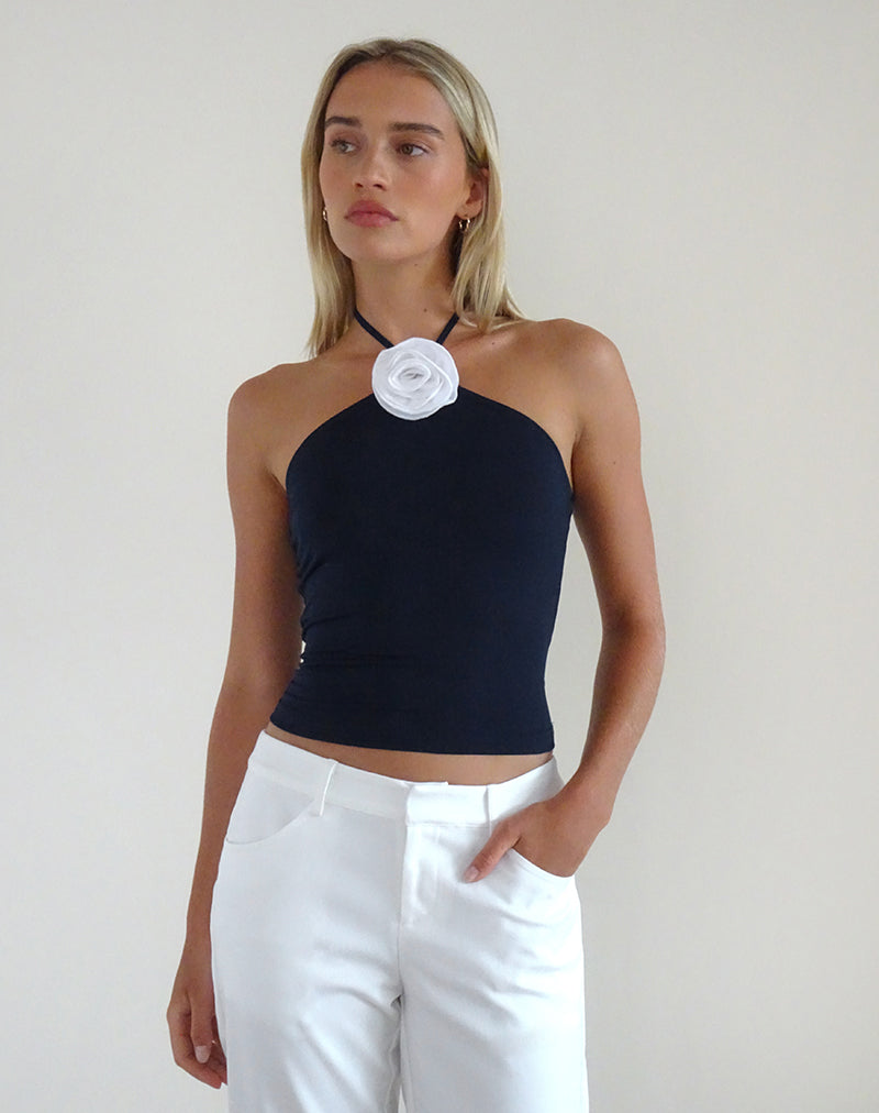 Tarrina Neckholder-Top in Dunkelmarine mit weißer Rosette