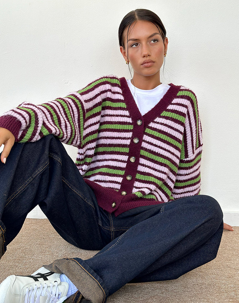 Uriela Strickjacke in Grün-Rosa und Burgund gestreift