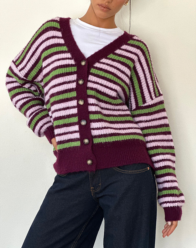 Uriela Strickjacke in Grün-Rosa und Burgund gestreift