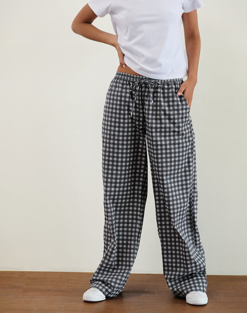 Wasic Leinenhose mit weitem Bein aus schwarzem und grauem Gingham Tonal