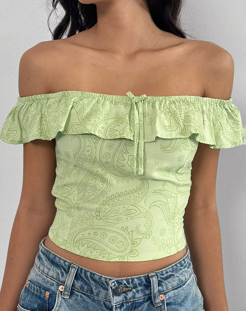 Yokai Bardot Top in Retro Paisley Limette