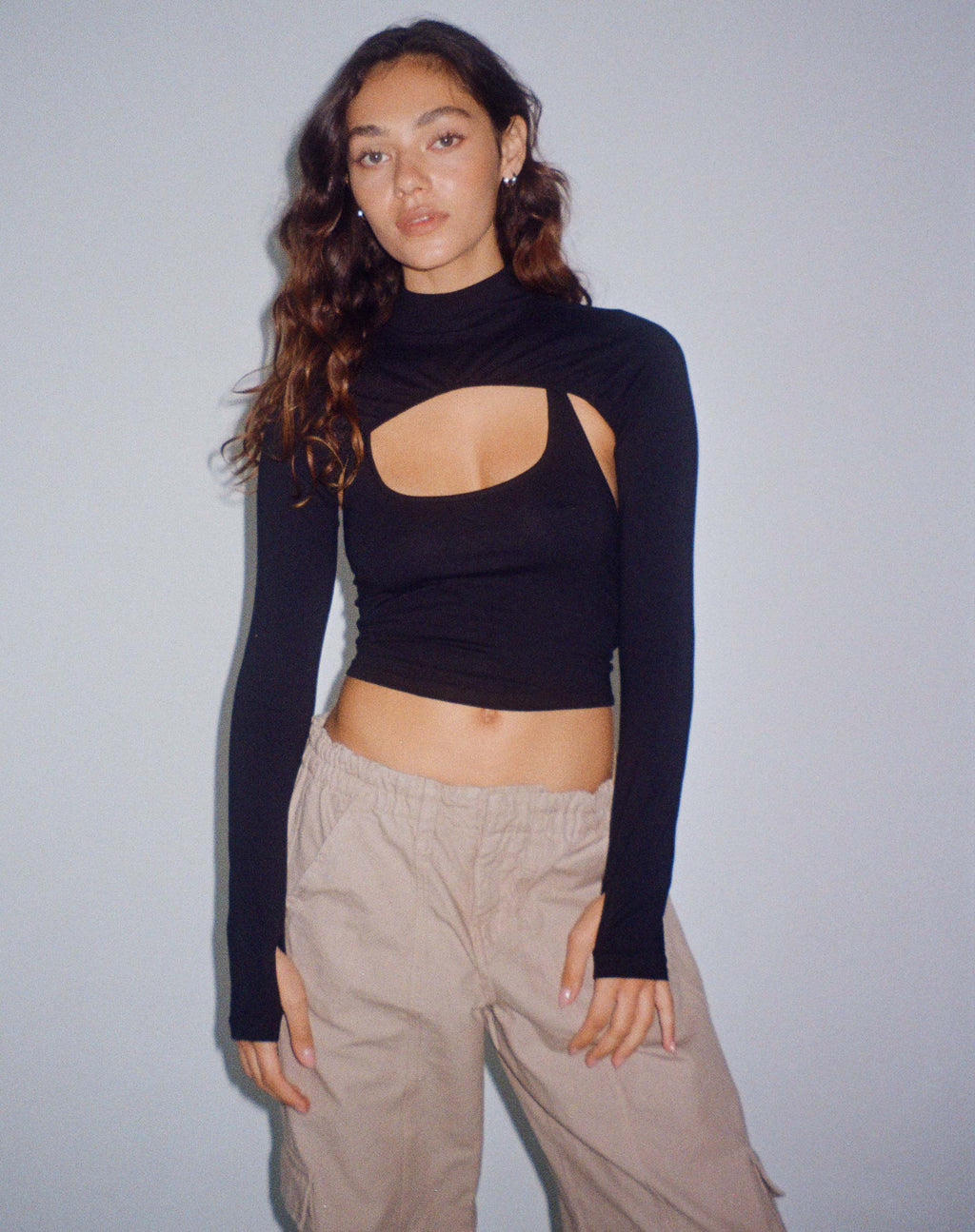 Raccet Langärmeliges Crop Top in Schwarz