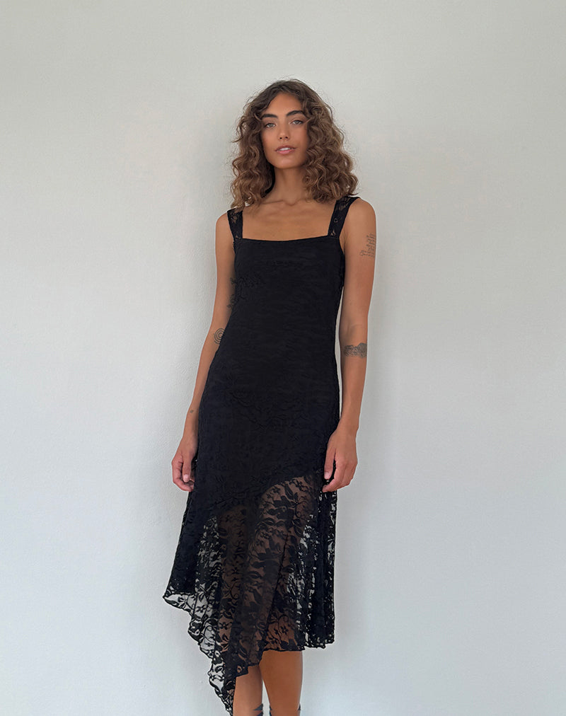 Image of Adeliza Asymmetrisches Midikleid aus floraler Spitze Jet Black
