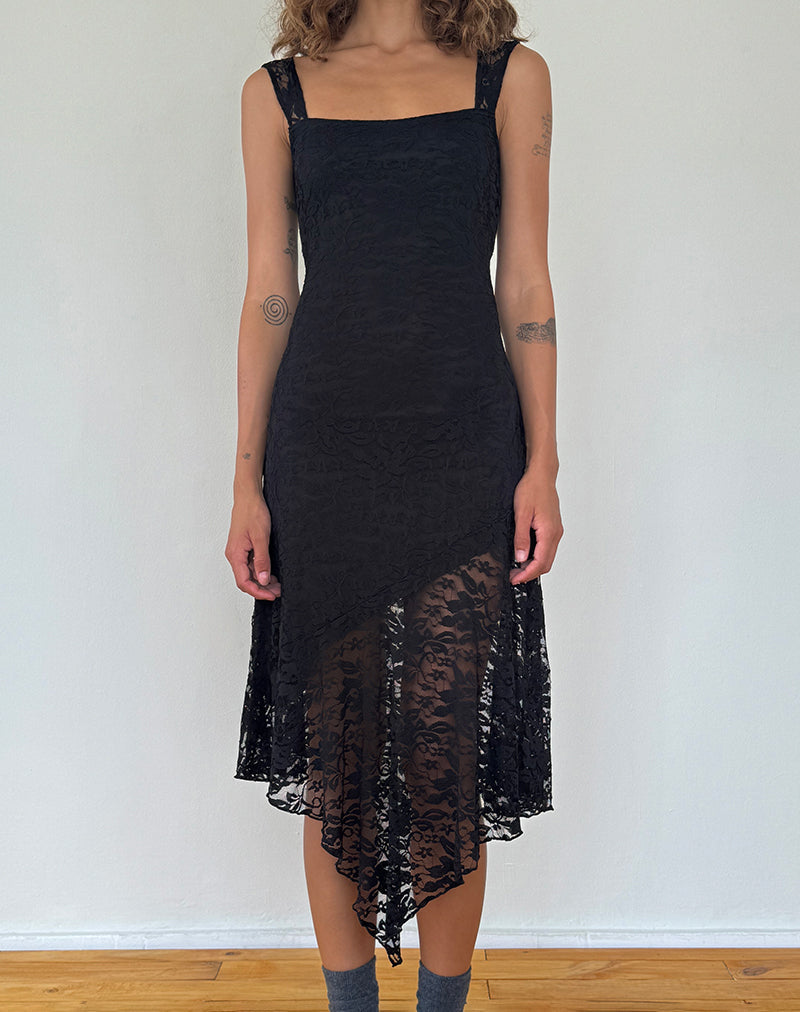 Image of Adeliza Asymmetrisches Midikleid aus floraler Spitze Jet Black