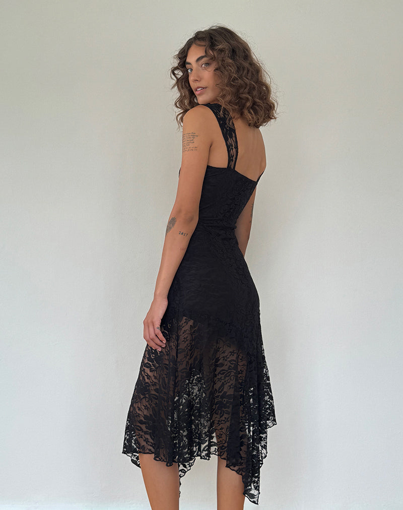 Image of Adeliza Asymmetrisches Midikleid aus floraler Spitze Jet Black