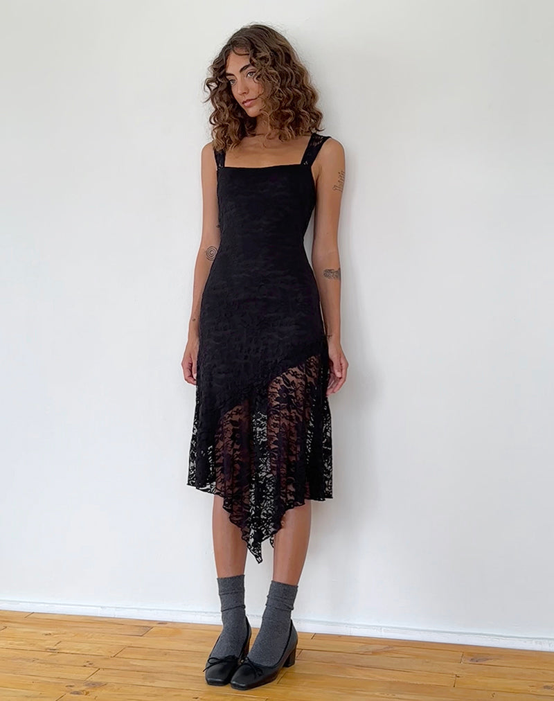 Image of Adeliza Asymmetrisches Midikleid aus floraler Spitze Jet Black