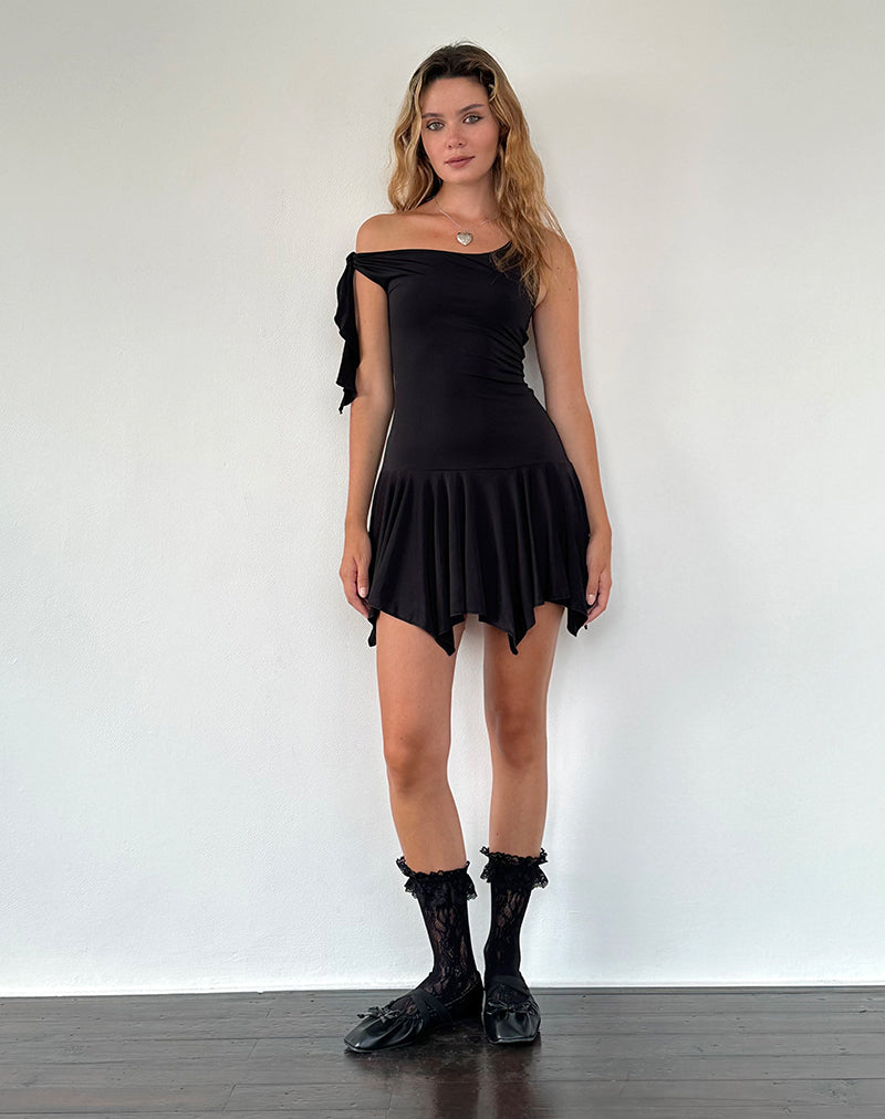 Image of Alba Midi Asymmetrisches Rüschenkleid in Schwarz