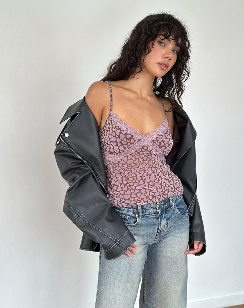 Image of Alcesta Top aus braunem Flock-Mesh mit rosa Herz-Print