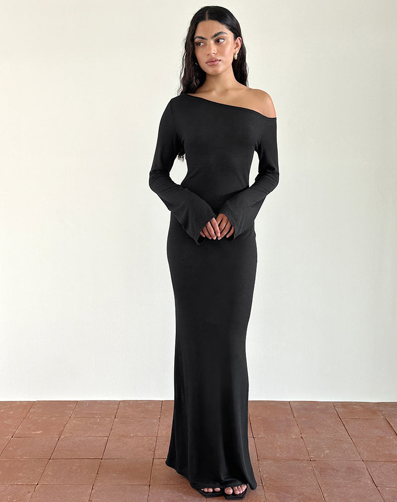image of Aldiana Asymmetrisches Maxikleid mit langen Ärmeln aus transparentem Strick Schwarz