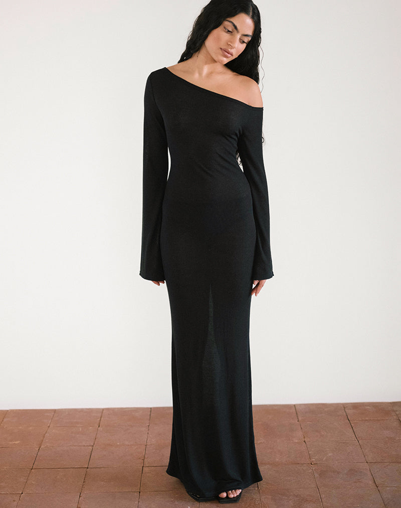 Aldiana Asymmetrisches Maxikleid mit langen Ärmeln aus transparentem Strick Schwarz