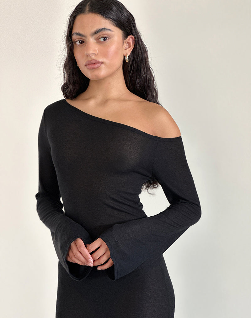 image of Aldiana Asymmetrisches Maxikleid mit langen Ärmeln aus transparentem Strick Schwarz