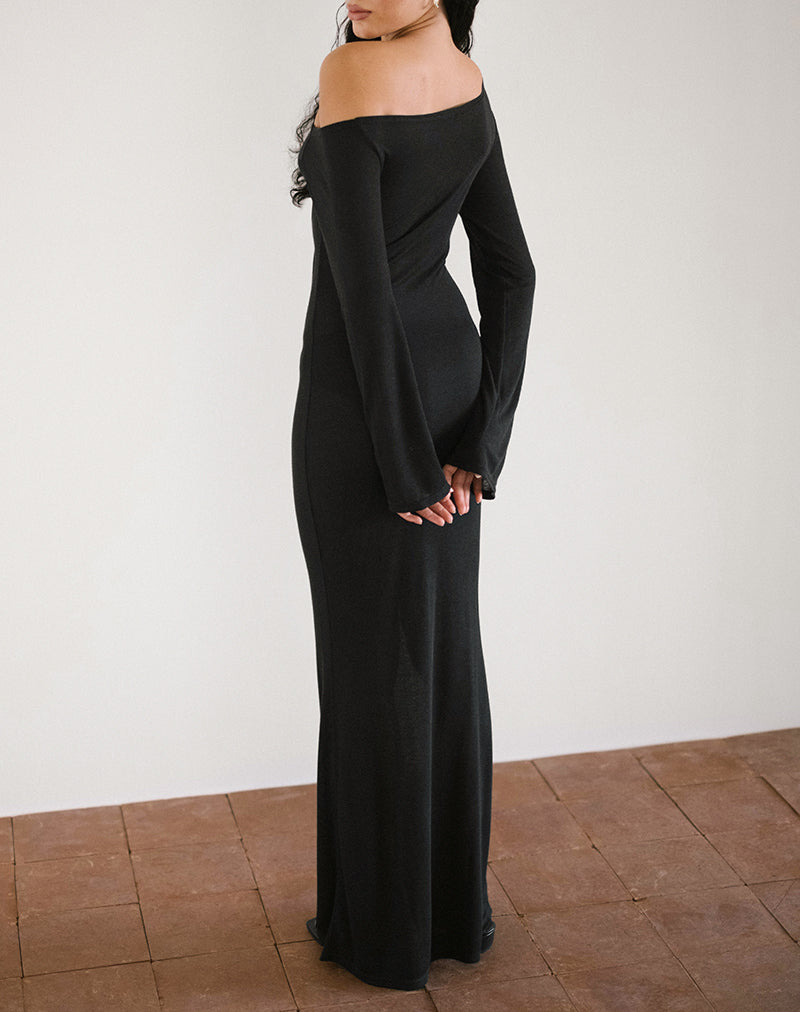 Aldiana Asymmetrisches Maxikleid mit langen Ärmeln aus transparentem Strick Schwarz