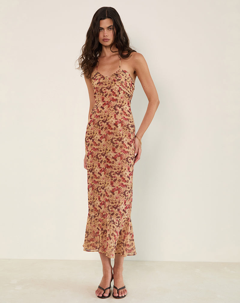 Alette Maxikleid mit Neckholder aus Chiffon mit rostiger Blume