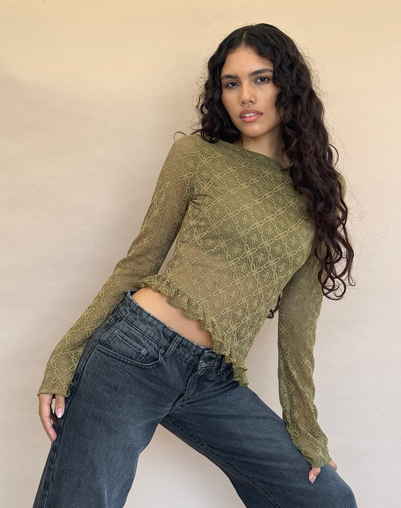 Image of Allegra Langärmeliges Top aus strukturierter moosgrüner Spitze