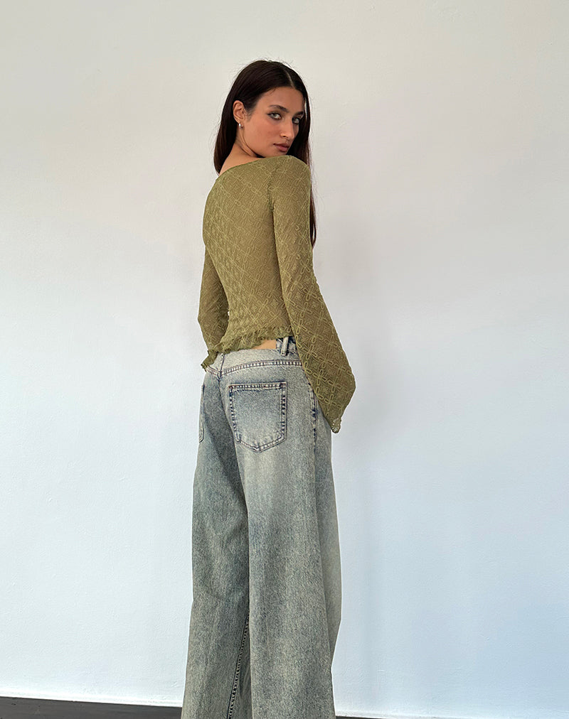 Image of Allegra Langärmeliges Top aus strukturierter moosgrüner Spitze