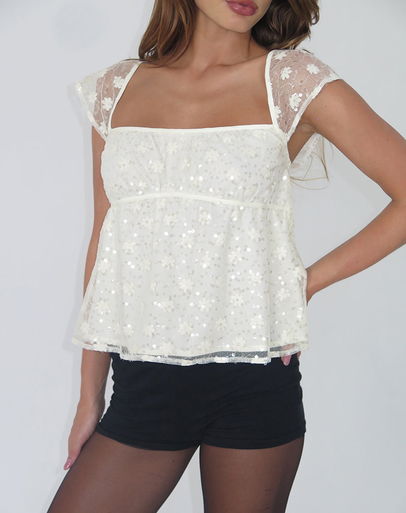 Aloysia Top aus Paillettenspitze Elfenbein