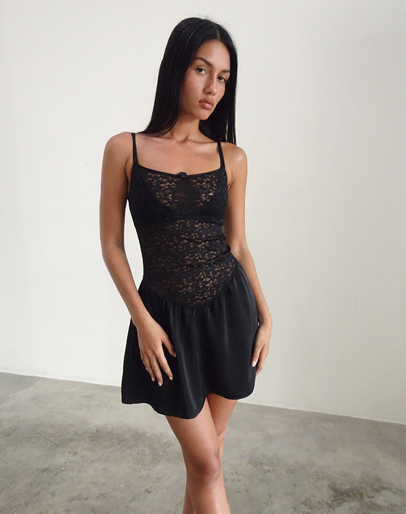 Alunan Slip-Kleid aus Satin-Spitze Schwarz