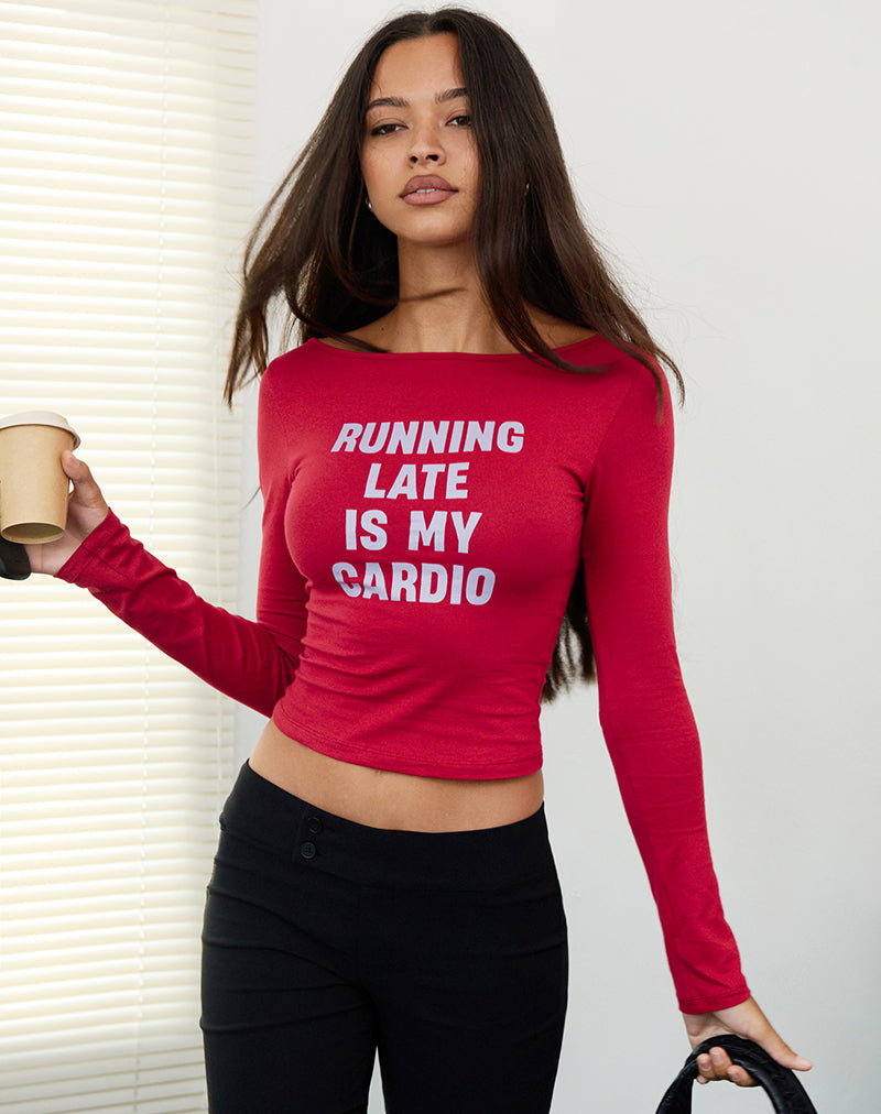 Amabon Langarm-Top in Adrenaline Rot mit Running Late-Slogan