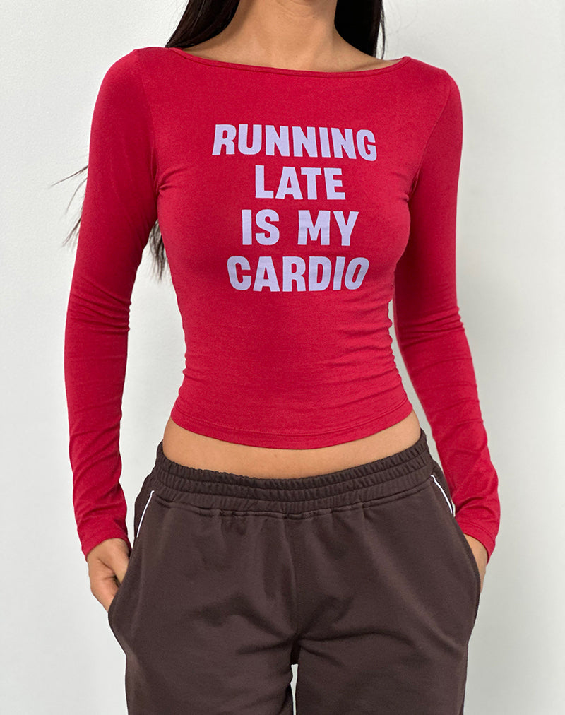Amabon Langarm-Top in Adrenaline Rot mit Running Late-Slogan